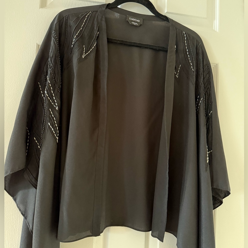 Bebe Black Sheer Open-Front Kimono with Beading